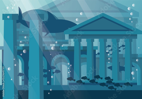 Lost city of atlantis illustration underwater ruins and ancient architecture