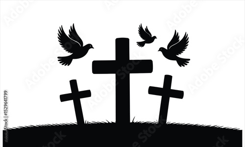 Three crosses and doves silhouette in graveyard