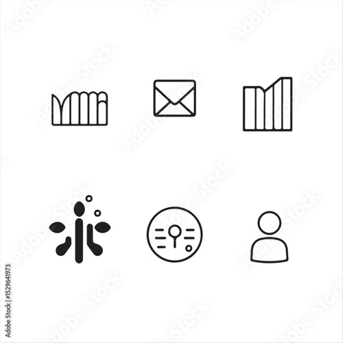 Generate a set of elegant monochrome icons for SaaS dashboards.  The icons represent MRR chart, email funnel, affiliate program, churn metric, and user journey.  Use clean vector design, geometric