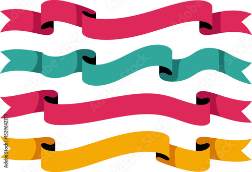 Wavy celebration banners. Long curled ribbons in pink, teal and yellow made for decoration and highlighting  