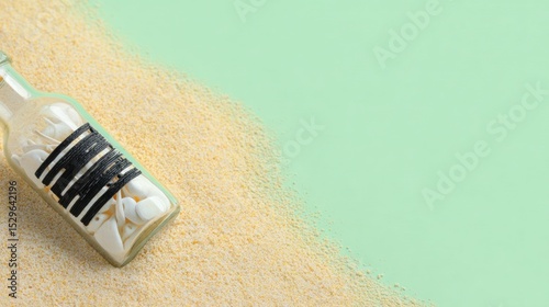 Message In A Bottle On Sandy Beach With Mint Green Background photo