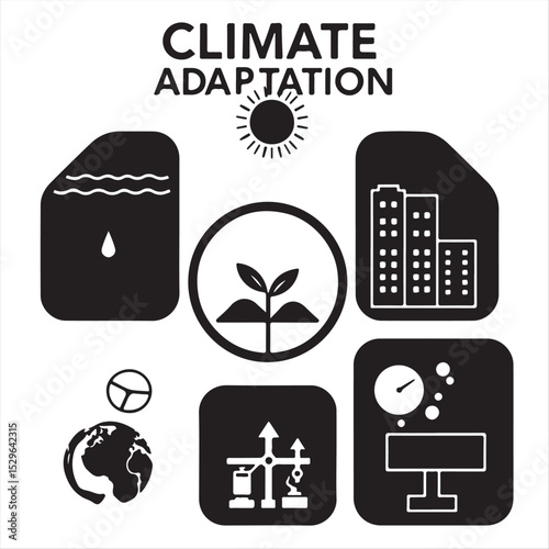 Geometric black and white icons symbolizing climate adaptation flood protection, sustainable agriculture, heat-resistant urban planning, disaster warning systems, and climate data monitoring.