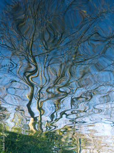 Blue water reflex background. Abstract reflection and abstract inspection elements in water. Nature elements distorted in the river. Rippled trees water texture. Graphic water surface. Blue background