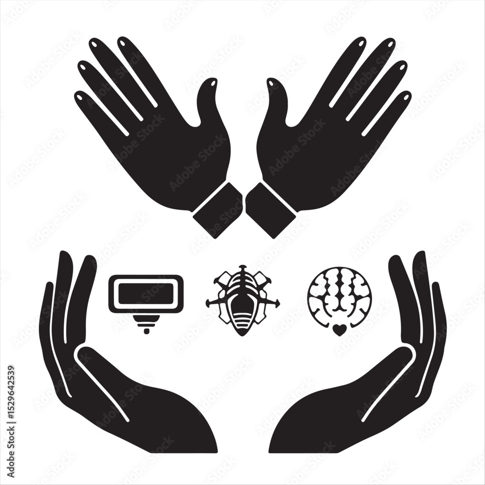 Fototapeta premium Timeless and elegant black and white logo featuring futuristic icons. The icons represent haptic gloves, spatial computing interfaces, mixed reality, volumetric displays, neural interfaces