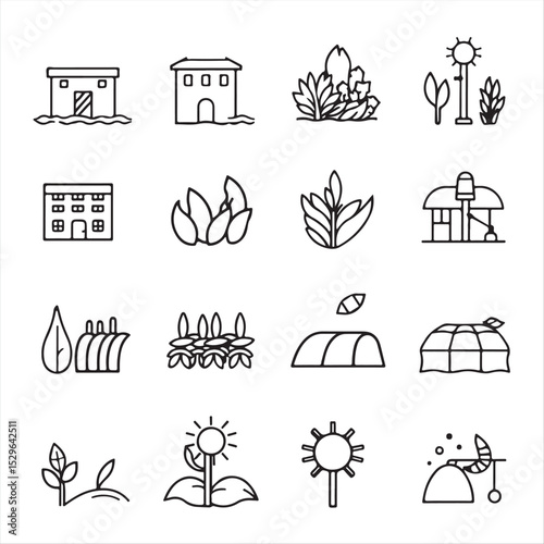 Set of black and white icons in a practical, informative style depicting climate adaptation infrastructure and technology.  The icons use geometric shapes and clean lines, focusing on balance
