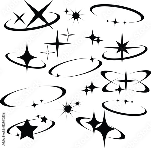 Y2k star sparkle bling abstract tattoo shapes. Simple minimal geometric signs in retro 2000s style.