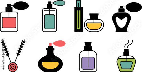 Perfume bottles collection vector illustration fragrance beauty cosmetic scent aroma essence liquid 100ml editable stock vector illustration