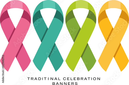 Awareness ribbons pack. Curved looped ribbons in universal support colors like pink, green and yellow  