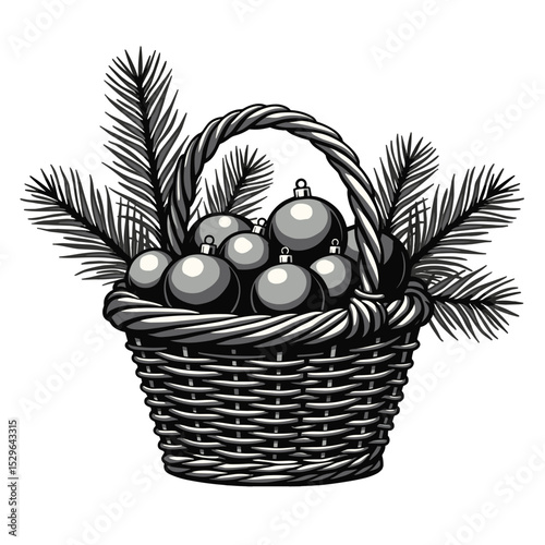Christmas basket with decorative ornaments and pine branches  