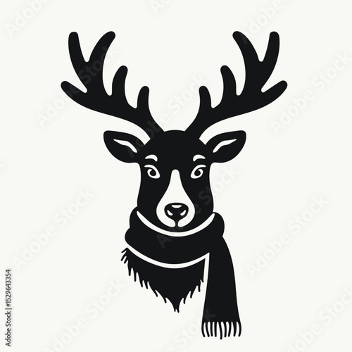 Black silhouette of a reindeer wearing a scarf on a cream background  