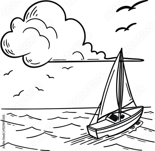 Sailing boat on the ocean with sun, sky, and waves for summer travel design