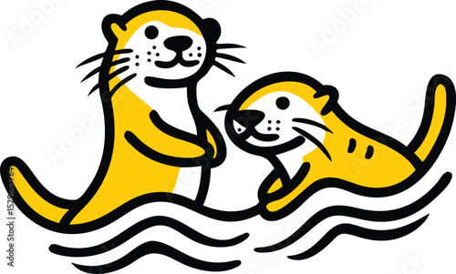 Two playful otters frolicking in the water, a vibrant illustration showcasing their joyful interaction and aquatic habitat.