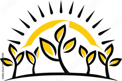 A stylized illustration depicting the growth of plants under the sun's warmth, symbolizing prosperity and natural development.