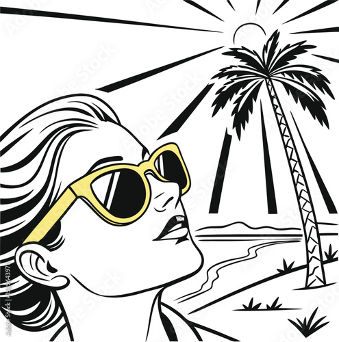 Young woman enjoying the summer sun on a tropical beach, surrounded by palm trees and the clear ocean water, ideal for a vibrant cartoon illustration