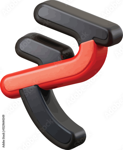 A 3D rendering of a stylized rupee symbol, designed with a modern and dynamic feel, using a combination of red and black colors to create a striking visual effect.