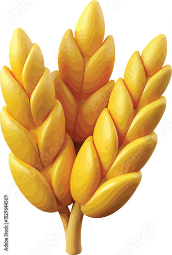 A vibrant illustration of three golden wheat stalks, meticulously detailed with smooth, glossy surfaces and a rich, warm color palette, creating a visually appealing image of agricultural abundance.