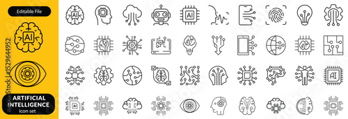 Set of Artificial Intelligence icon. Service, Digital, Robot, Data, Information, Learning, Future, Artificial Intelligence, Support, Help, Chat Bot, Conversation, Smart, Concept, Innovation vector.