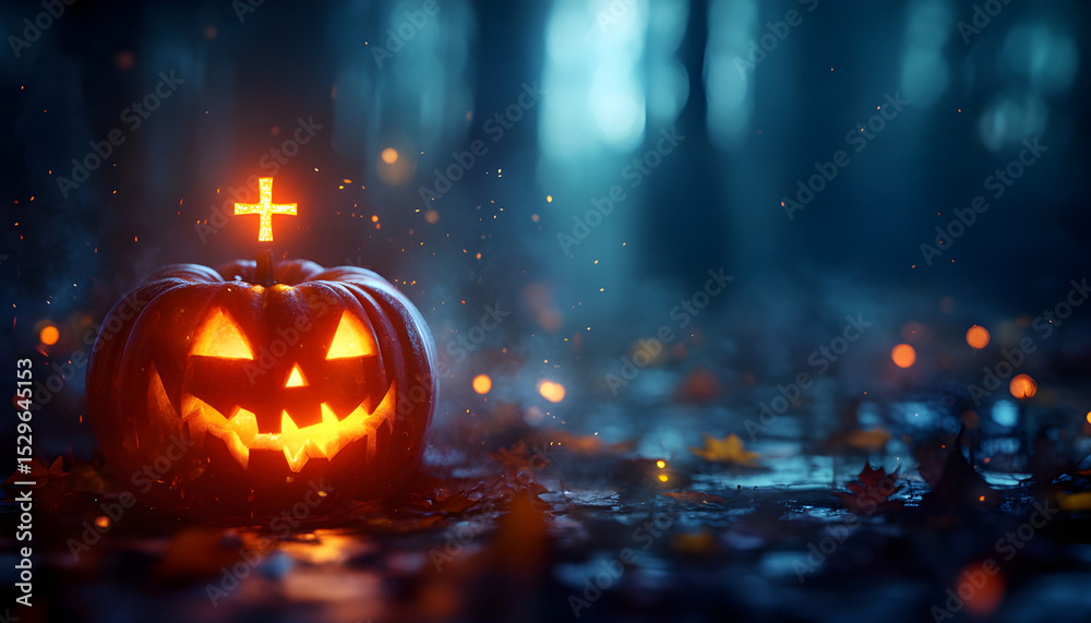 Fototapeta premium Cemetery at dusk with glowing tombstones