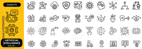 Set of Artificial Intelligence icon. Service, Digital, Robot, Data, Information, Learning, Future, Artificial Intelligence, Support, Help, Chat Bot, Conversation, Smart, Concept, Innovation vector.