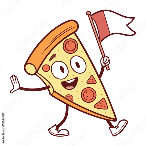 Cheerful Pizza Slice Cartoon Character Vector Illustration  A Happy Pizza Mascot Waving a Flag