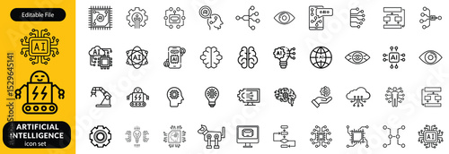 Set of Artificial Intelligence icon. Service, Digital, Robot, Data, Information, Learning, Future, Artificial Intelligence, Support, Help, Chat Bot, Conversation, Smart, Concept, Innovation vector.
