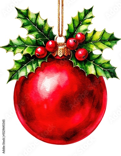 Christmas ball and holly. Watercolor holiday card.