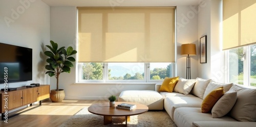 Modern roller blind installed in bright living room, house, bright, sun