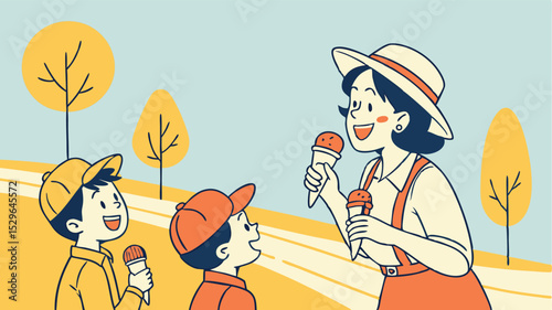Happy Family Enjoying Ice Cream in Autumn Park Flat Vector Illustration