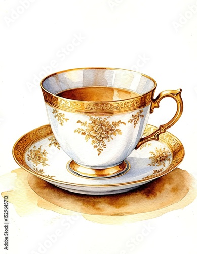 Tea cups with saucers of watercolor illustration. Vintage porcelain.