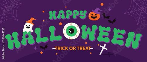 Happy halloween text design vector. Purple background with green text, cobweb, ghost, pumpkin, eye, bat. Halloween festival illustration for decoration, prints, banner, stickers. 
