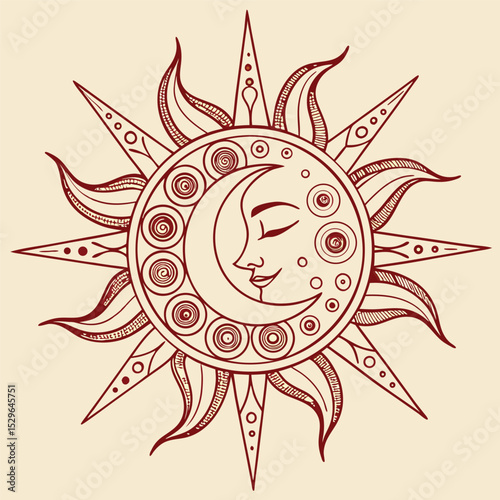 Tribal Sun and Moon Symbol Flat Vector Illustration of Celestial Design Element