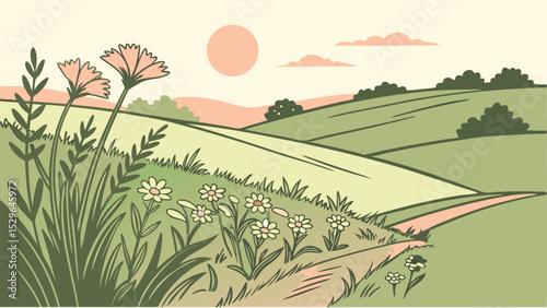 Serene Sunrise Over Rolling Hills A Flat Vector Illustration of Early Solstice Dawn