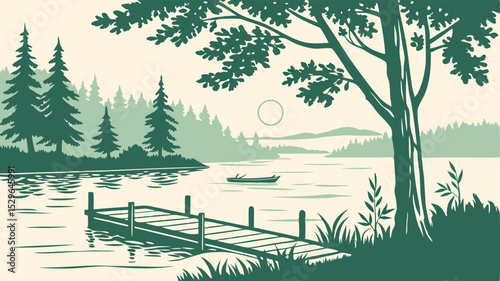Serene Summer Lake Minimalist Vector Illustration of a Calm Lakeside Scene with a Wooden Dock, Boats, and Lush Green Trees