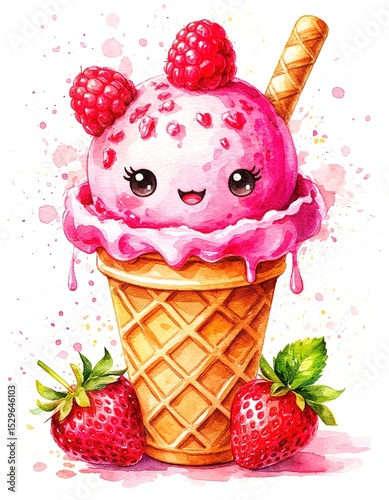 Cute Ice cream in a waffle horn. Watercolor Illustration.