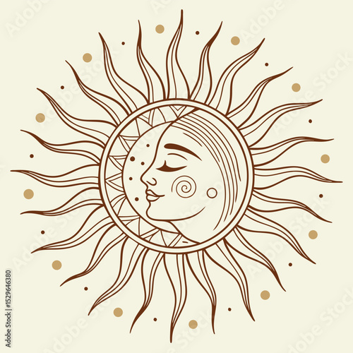Modern Bohemian Sun and Moon Vector Illustration Celestial Art in EPS Format