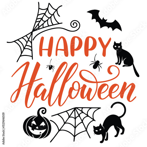 Happy Halloween! Playful Hand-Lettered Design with Cute Halloween Icons Pumpkins, Cats, Bats, and Spiderwebs