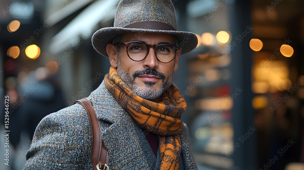 Fototapeta premium Stylish man in urban setting wearing hat, glasses, scarf, and coat during autumn or winter season