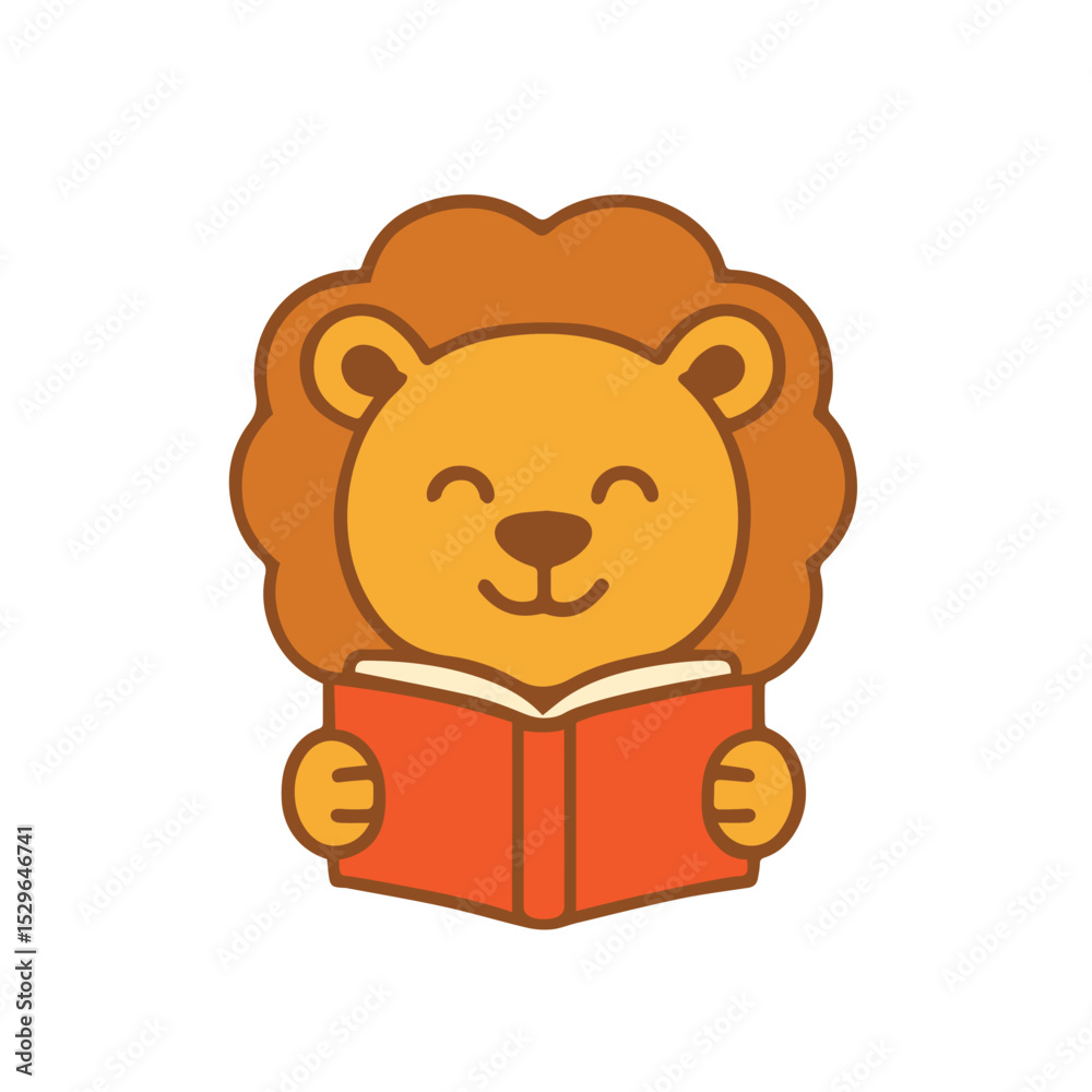 Fototapeta premium Cute Cartoon Happy Lion Reading a Book