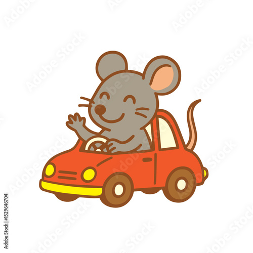 A cute mouse driving a red car and waving hello