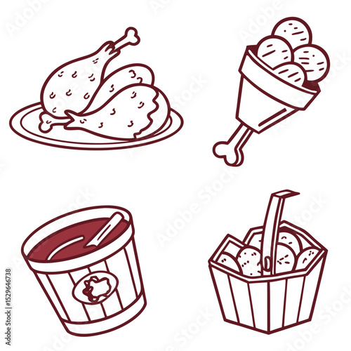 Delicious Fried Chicken Icons Vector Illustrations of Crispy Chicken Pieces, Drumsticks, and Buckets