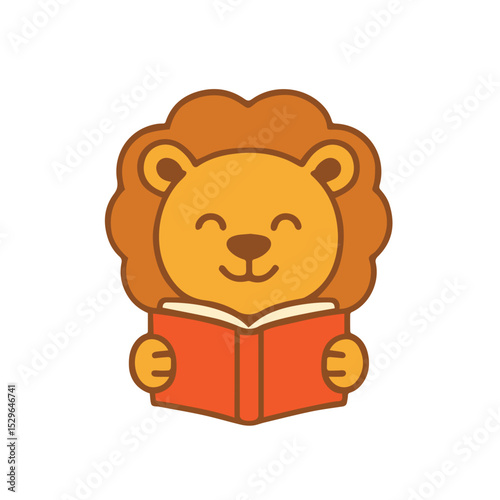 Cute Cartoon Happy Lion Reading a Book