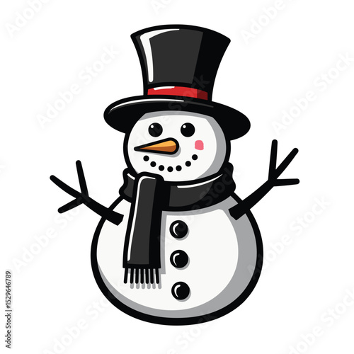 Cheerful snowman wearing a black hat and scarf with outstretched arms  