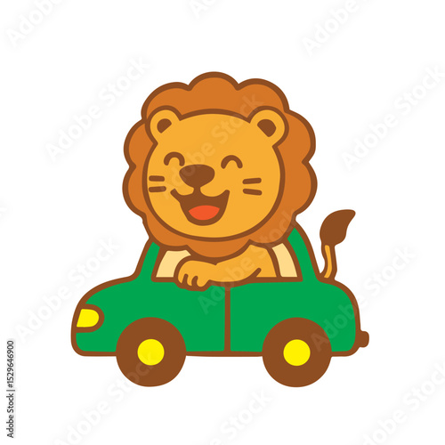 A cheerful cartoon lion driving a green car
