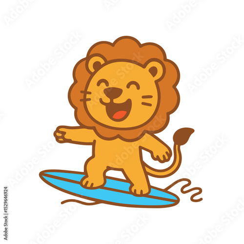 Happy Cartoon Lion Surfing on a Wave