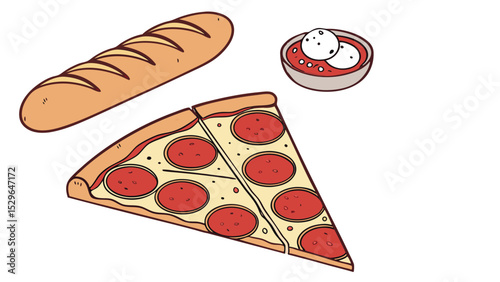 Delicious Pepperoni Pizza Slice, Crusty Bread, and Marinara Dipping Sauce A Fast Food Vector Illustration