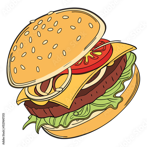 Delicious Cheeseburger A Classic Vector Illustration of a Juicy Patty, Melted Cheese, Fresh Toppings, and Sesame Seed Bun
