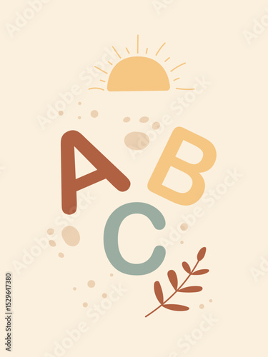 Brightly colored letters A, B, and C are playfully arranged against a soft background with sun and leaf motifs, perfect for a child's nursery or playroom decor.