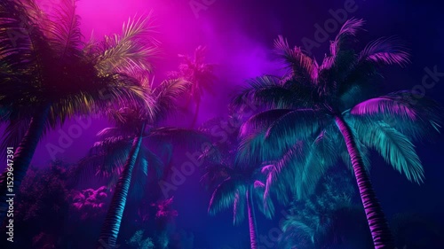 Animation of neon tropical night with glowing palm trees in deep purple light