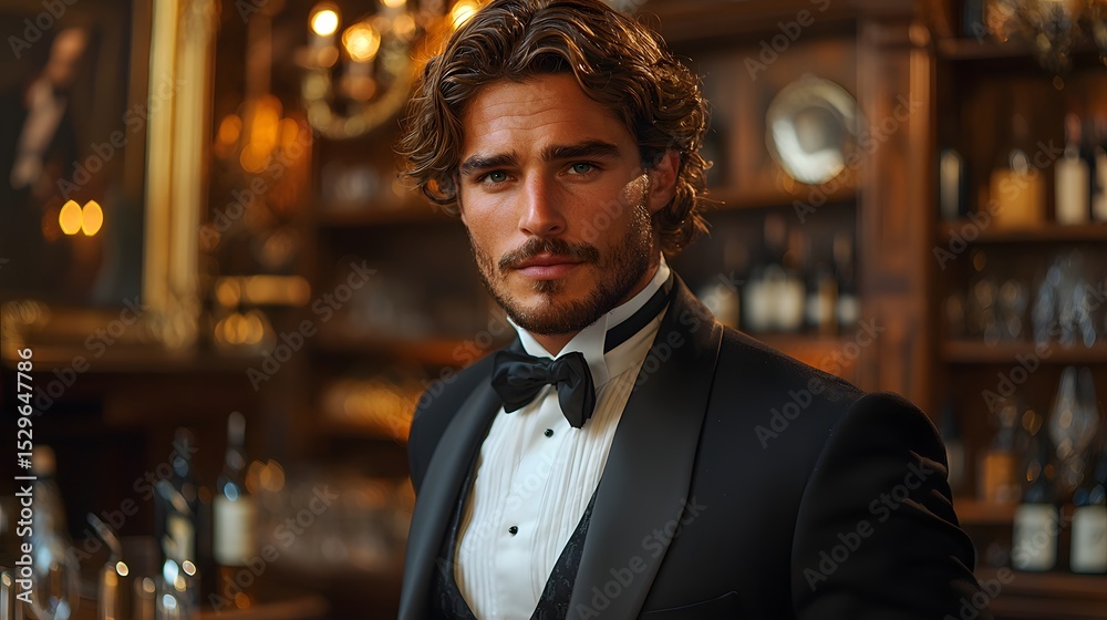 Obraz premium Elegant man in formal attire poses confidently in luxurious vintage bar setting