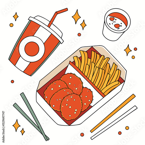 Korean Fried Chicken and Fries Meal Top-Down Vector Illustration of Delicious Fast Food